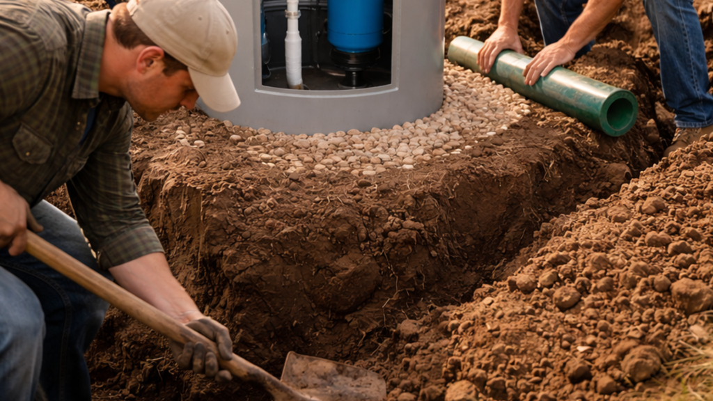 Water well drilling crew working at residential property