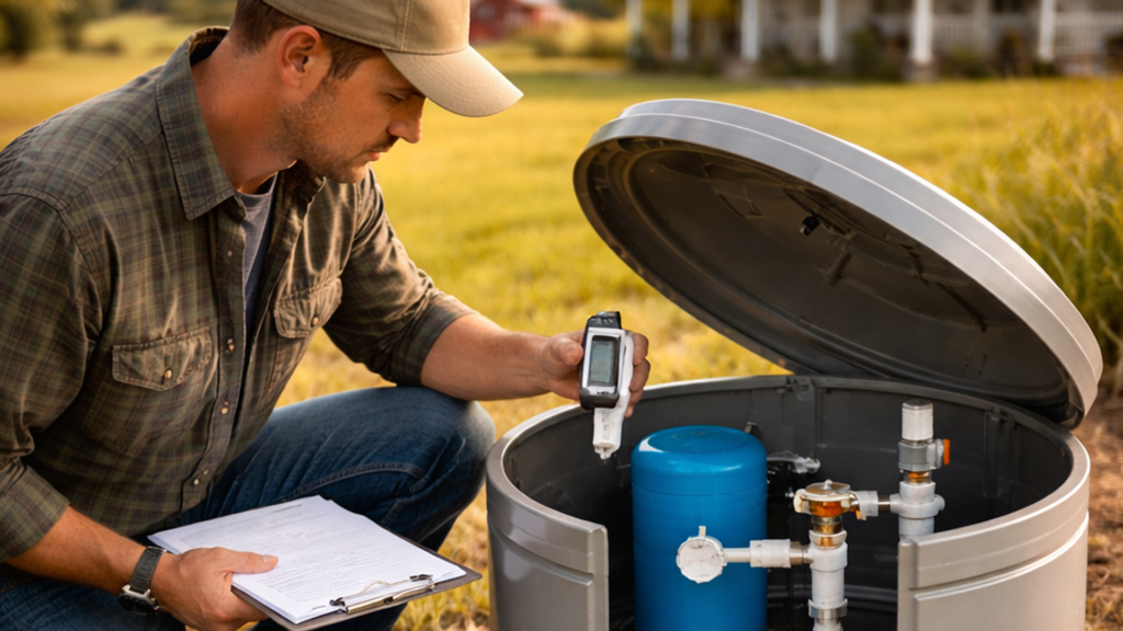 Technician inspecting residential well system components with clipboard and testing device