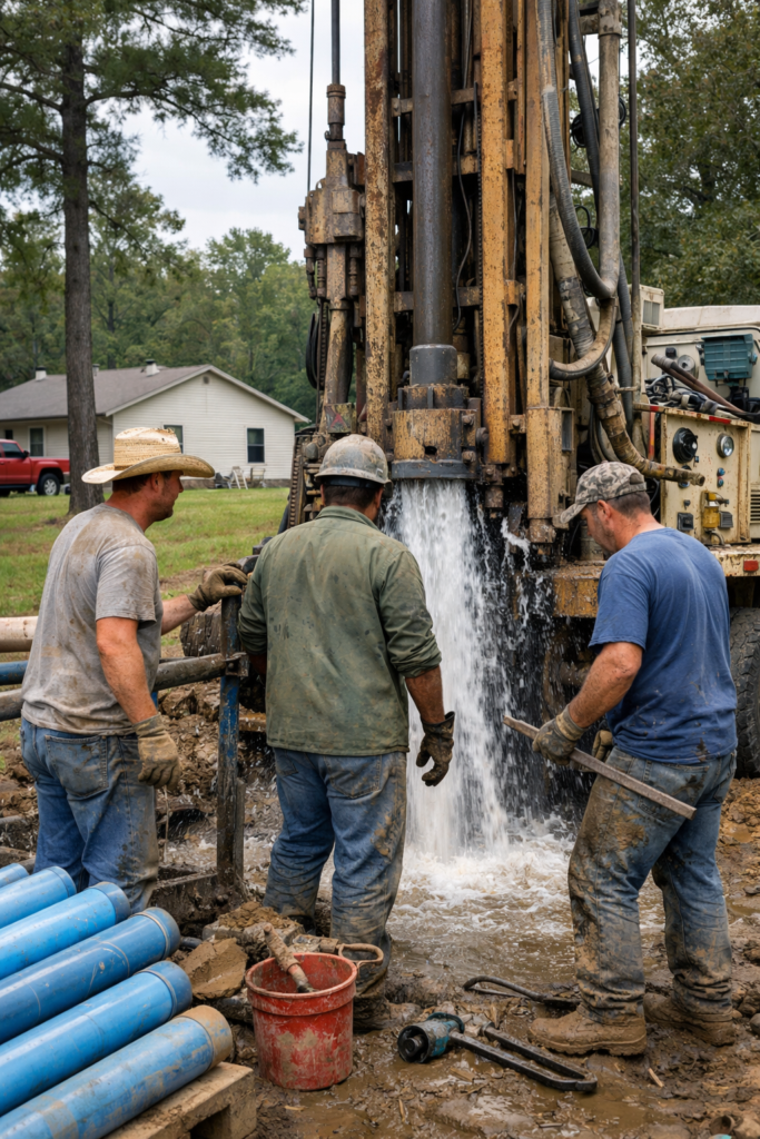 Water well drilling crew working at residential property