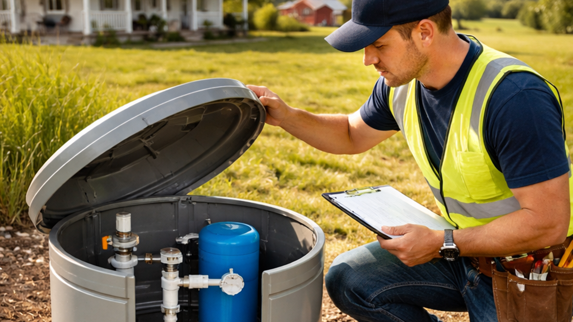 Technician inspecting residential well system components with clipboard and testing device