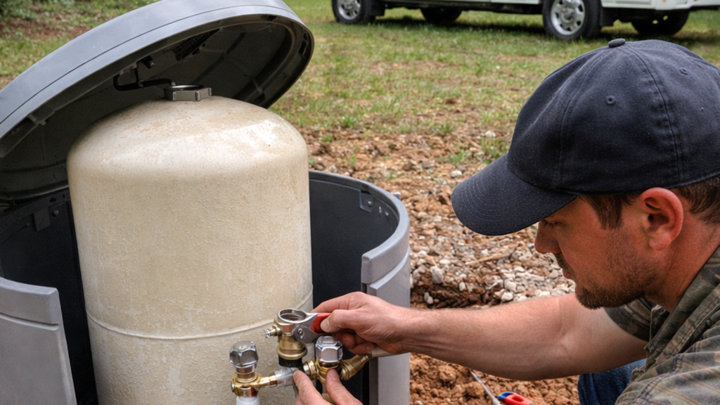 Technician adjusting residential pressure tank and well system components